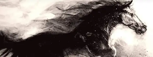 Panoramic black and white charcoal drawing of a wild stallion galloping at high speed with a wind-blown mane