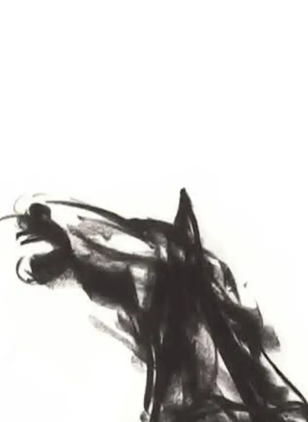 Black and white brush sketch of a rearing horse head with a wind-swept mane