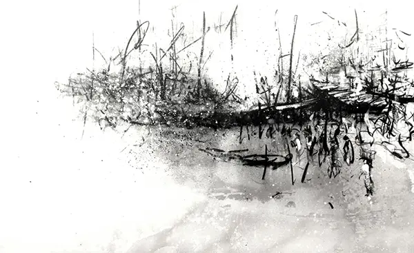 Minimalist black and white ink wash drawing of reeds, boats, and gentle reflections along a misty riverbank
