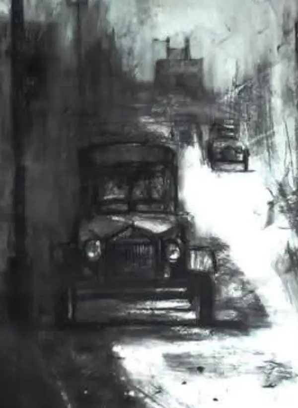 Black and white charcoal drawing of a vintage truck on a misty, rain-slicked city avenue