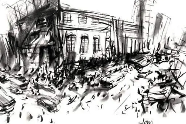 Dynamic black and white charcoal sketch of a busy city avenue with cars, crowds, and historic buildings