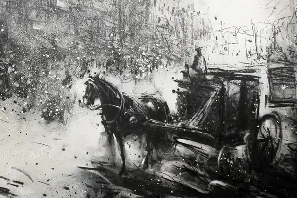 Textured black and white charcoal drawing of a horse-drawn carriage navigating a misty historic street