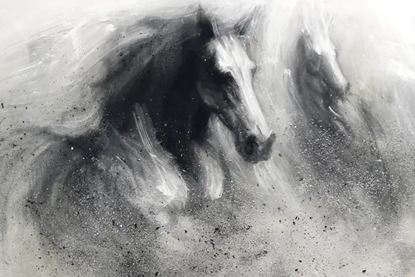 Expressive black and white monochrome drawing of two horses galloping together through a misty haze of dust