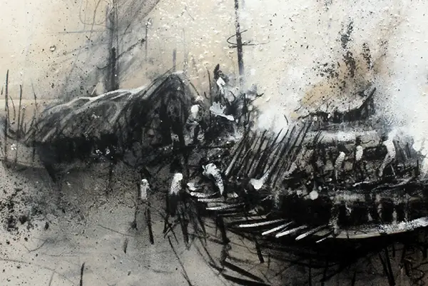 Textured black and white expressive drawing of villagers, wooden boats, and thatched huts along a riverbank