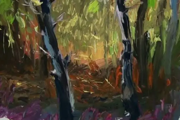 Textured impasto oil painting of morning sunlight filtering through woodland trees in a peaceful forest