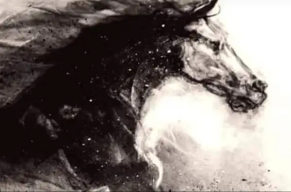 Fierce black and white charcoal drawing of a wild horse charging forward with a wind-blown mane