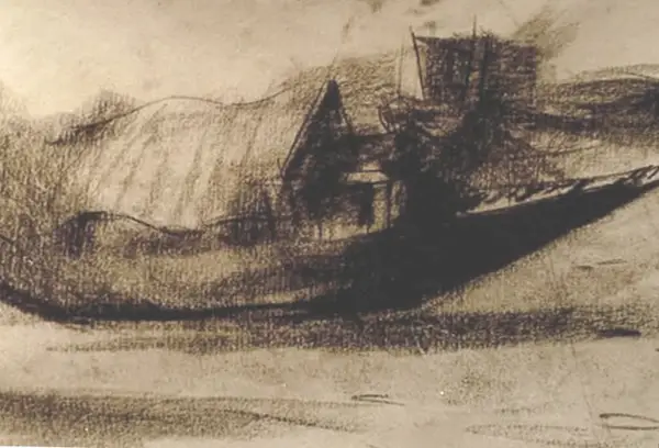 Textured black and white charcoal sketch of an old riverbank cottage and wooden boat resting by the water