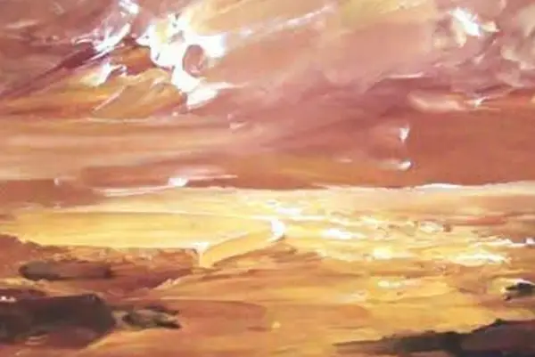 Warm textured impasto oil painting of a golden sunset over coastal waters and sandy beach