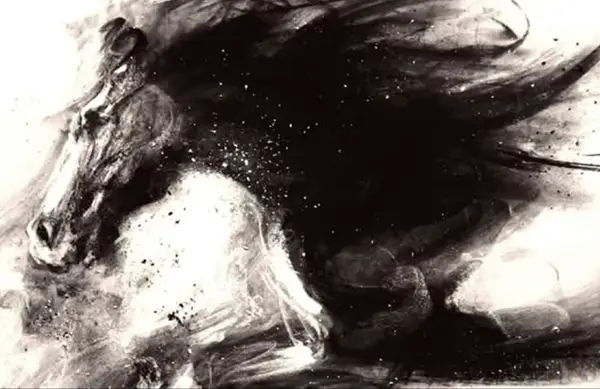 Dynamic black and white charcoal artwork of a wild running horse with a wind-swept mane