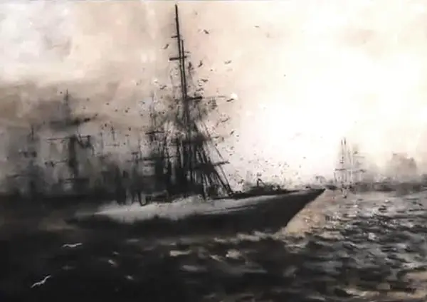 Atmospheric sepia and monochrome painting of a tall masted sailing ship surrounded by seabirds on a misty sea