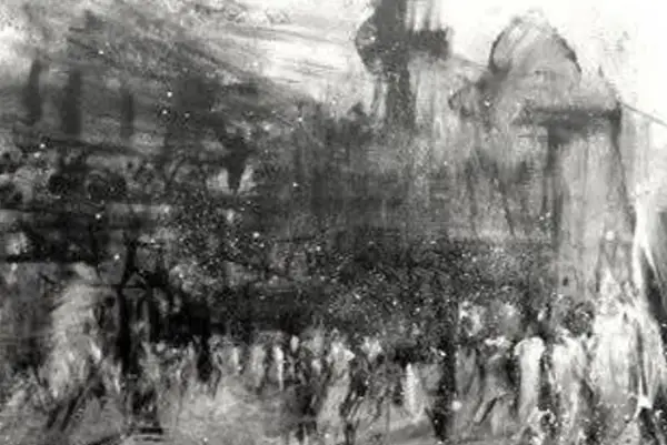 Textured black and white Charcoal painting of a large crowd gathered in front of monumental historic buildings in mist