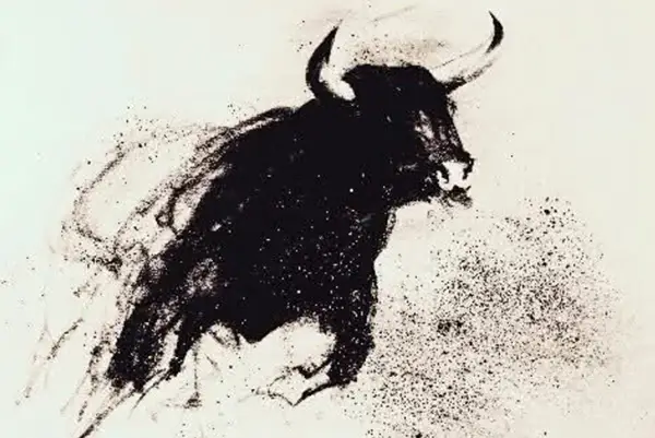 Dynamic black and white expressive drawing of a surging bull with textured ink splatters