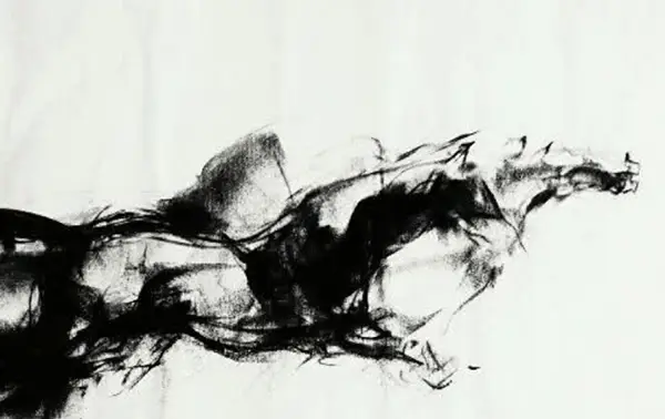 Minimalist black and white charcoal sketch of a horse galloping with dynamic motion lines