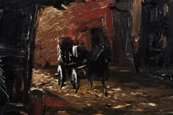 Impasto oil painting of a horse-drawn carriage on a dark cobblestone street with warm amber ligh