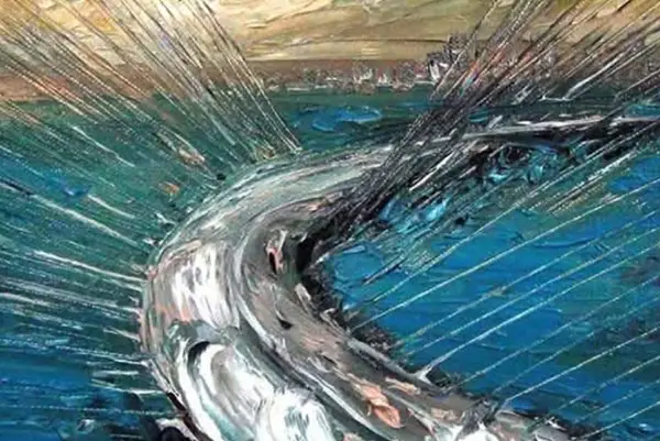 Textured impasto painting of a curving cable-stayed sea link bridge over turquoise water