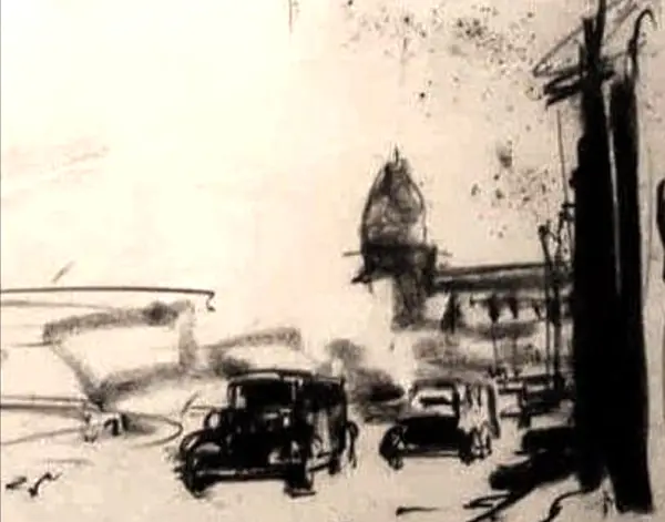 Monochrome charcoal drawing of vintage cars on a historic Old Bombay street