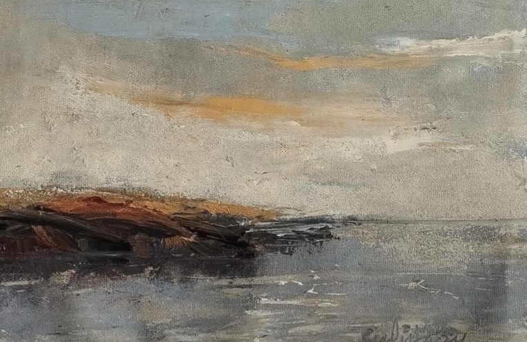 Textured oil painting of a calm shoreline and still water under an expansive sky with warm earth accents
