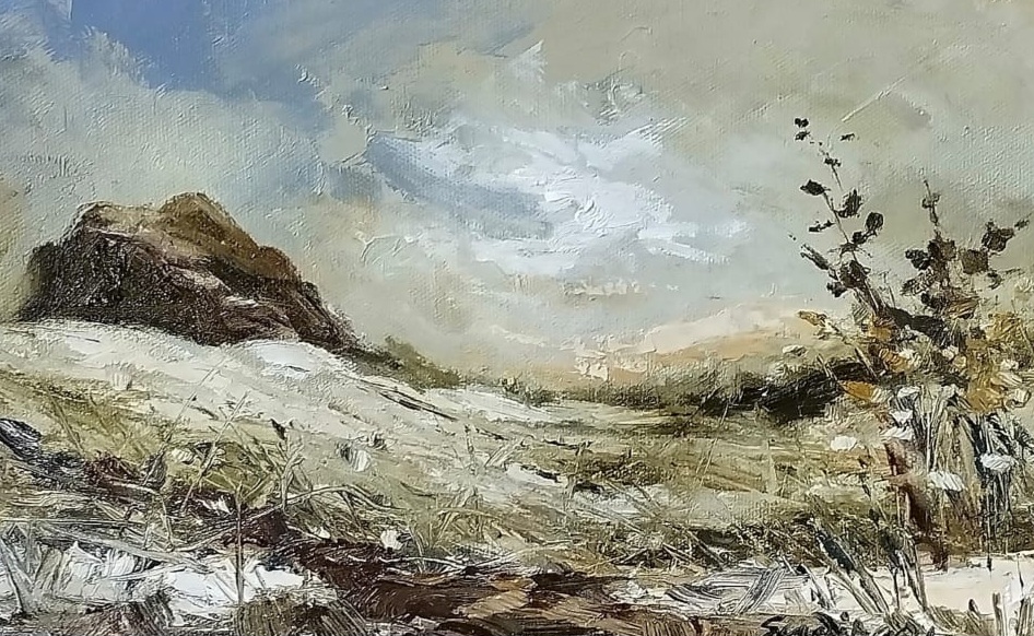 Textured oil painting of a rugged rocky hill and windswept dunes under a cloud-filled sky